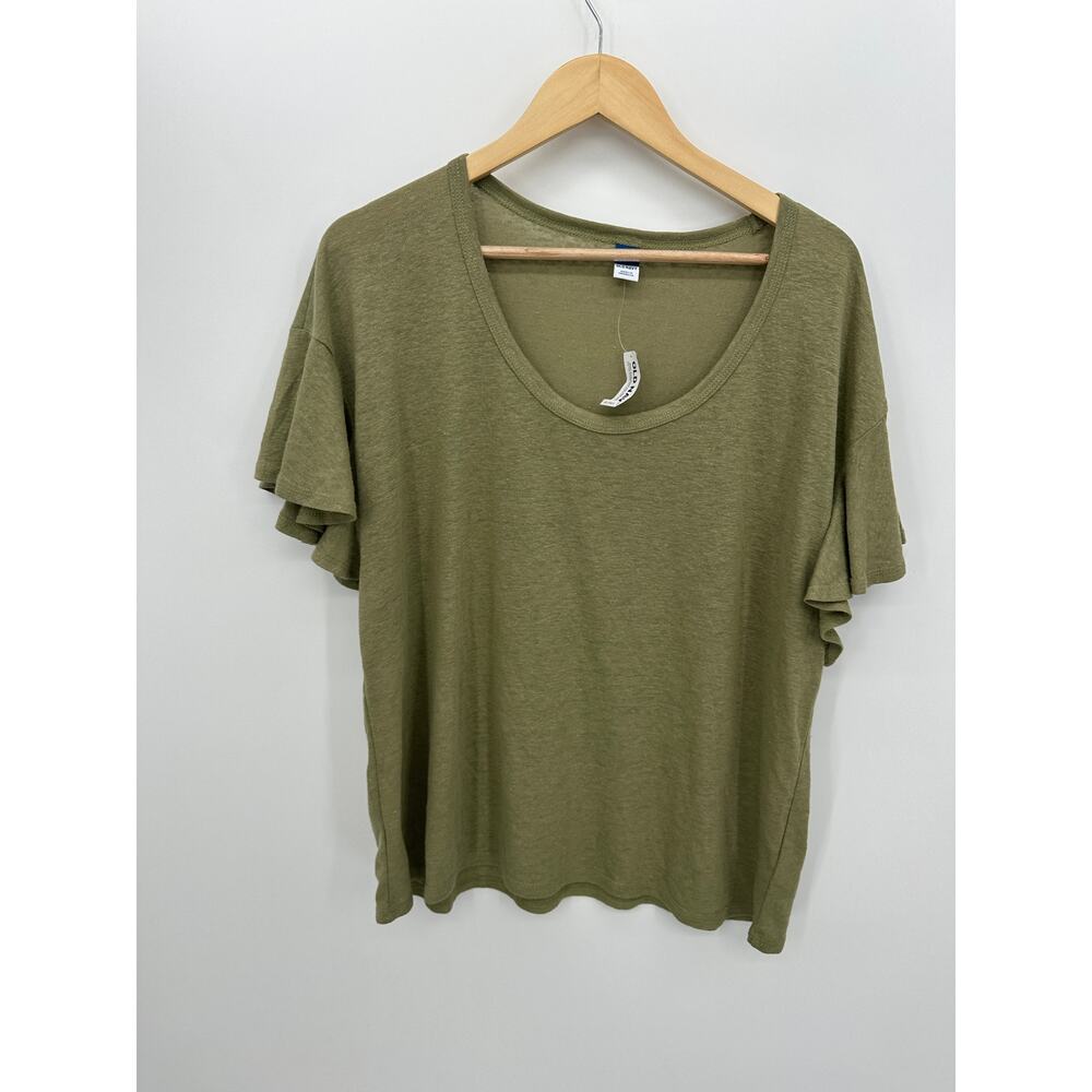 Old Navy Womens Olive Green Flutter Sleeve Linen Blend Scoop Neck Tee L Tall
